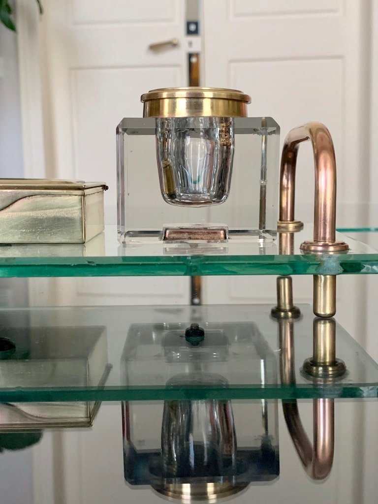 Modernist Art Deco Inkwell In Crystal And Brass-photo-4