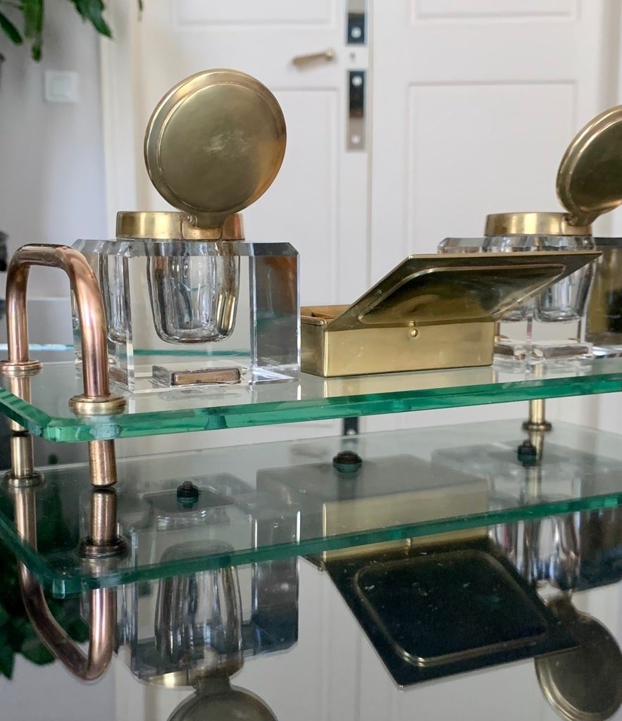 Modernist Art Deco Inkwell In Crystal And Brass-photo-4