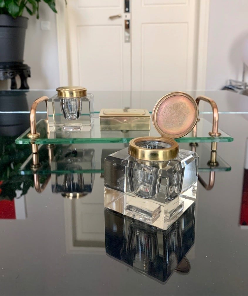 Modernist Art Deco Inkwell In Crystal And Brass