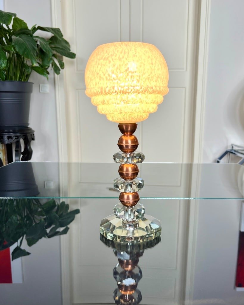 Art Deco Crystal And Copper Table Lamp - Globe Clichy White-photo-2