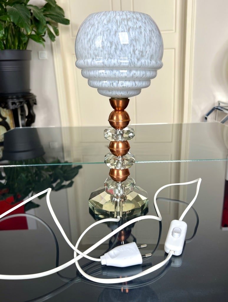 Proantic: Lampe à Poser Art Déco En Cristal et Cuivre - Globe en Ver