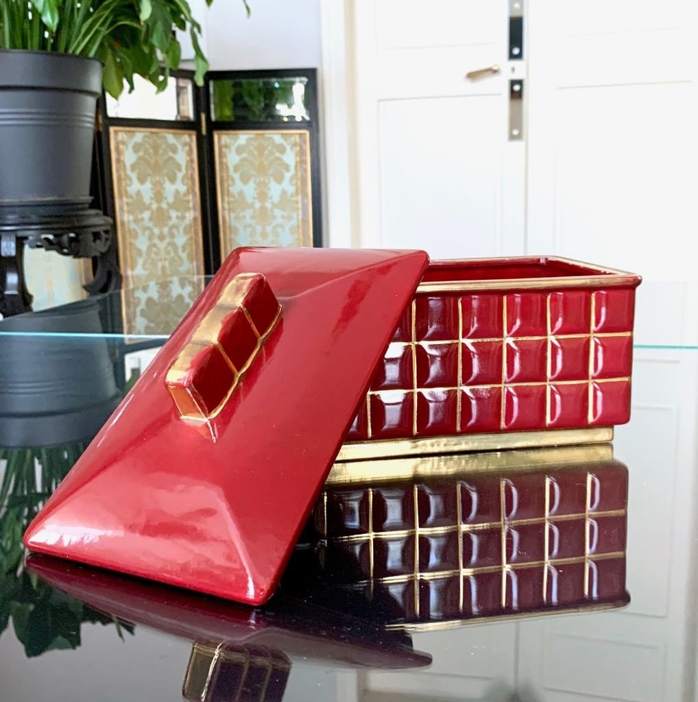 Art Deco Box In Red Earthenware Enhanced With Fine Gold-photo-3