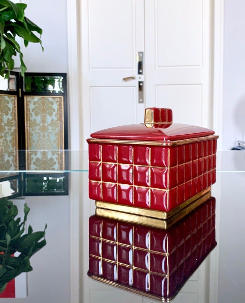 Art Deco Box In Red Earthenware Enhanced With Fine Gold-photo-2