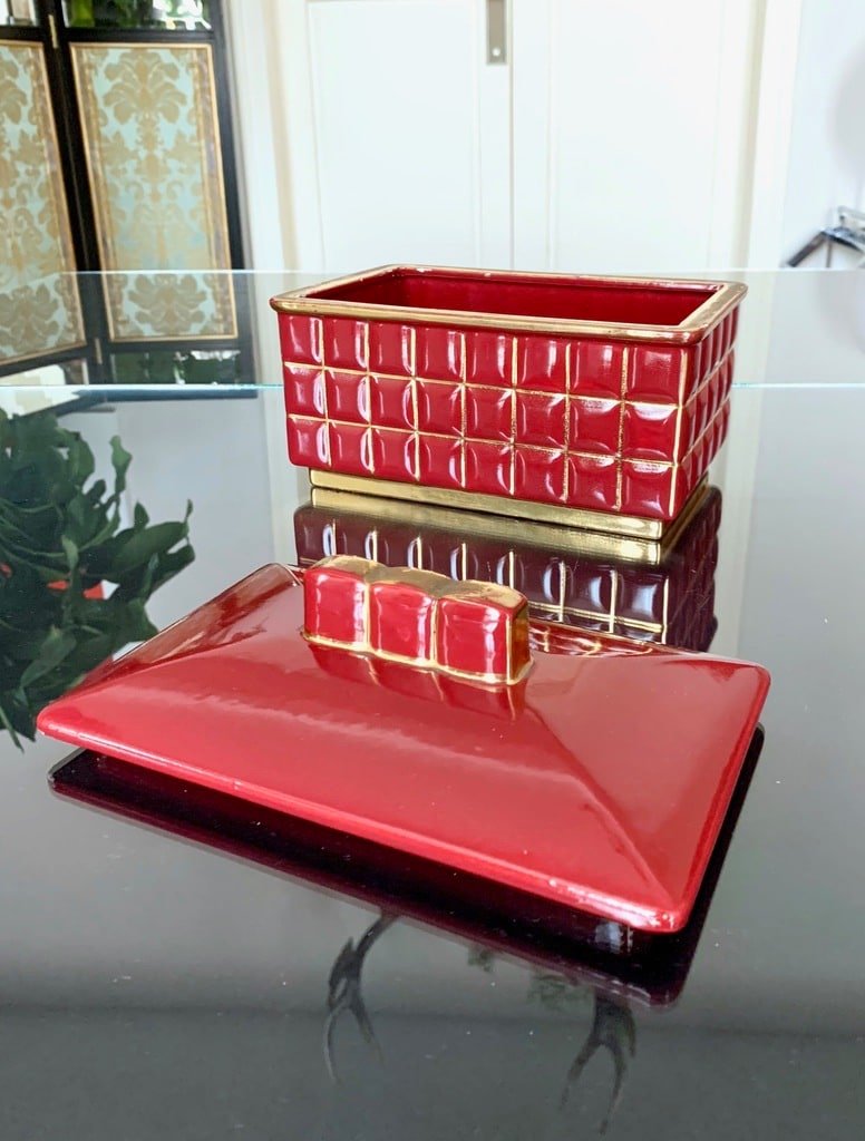 Art Deco Box In Red Earthenware Enhanced With Fine Gold-photo-3