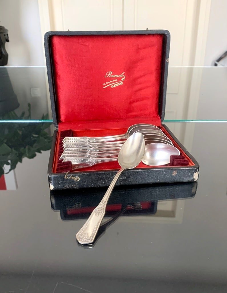 Dessert Spoons In Silver Metal Housed In Their Box-photo-4