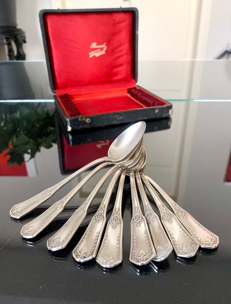 Dessert Spoons In Silver Metal Housed In Their Box