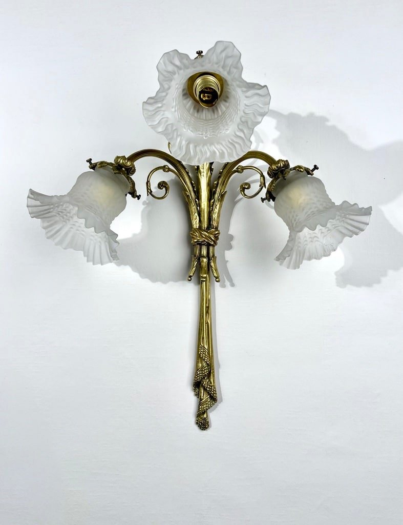 Pair Of Wall Sconces In Bronze And Frosted Glass Tulips-photo-3