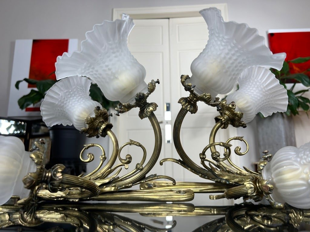 Pair Of Wall Sconces In Bronze And Frosted Glass Tulips-photo-5