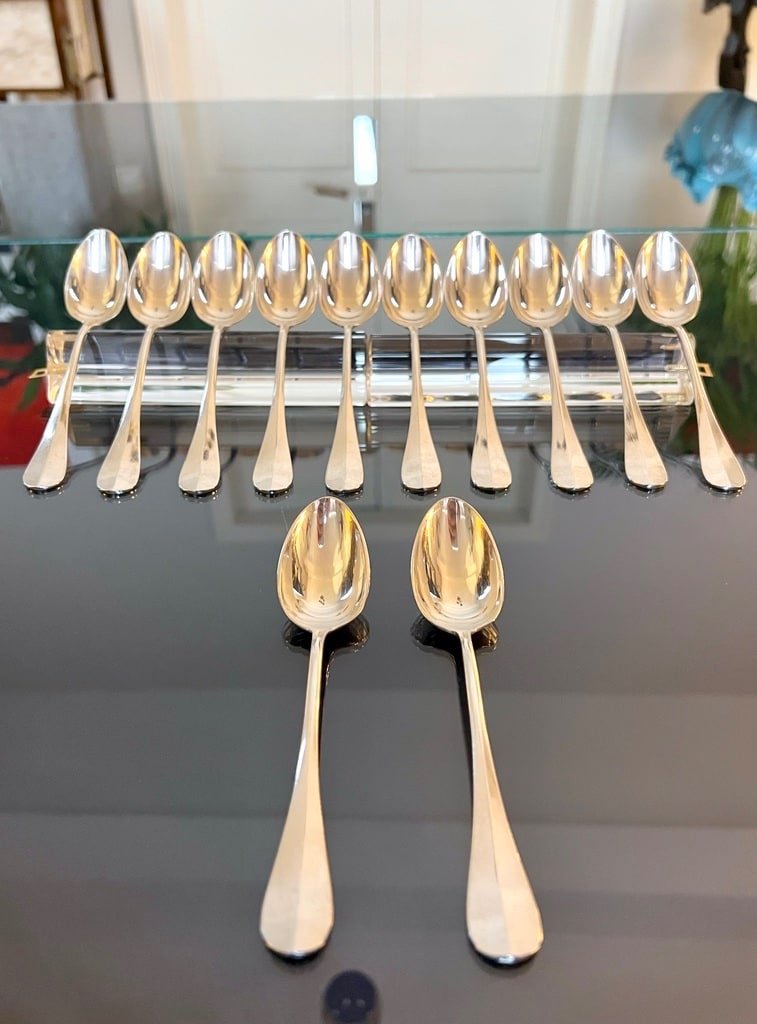 12 White Metal Dessert Spoons - Table Cutlery-photo-2