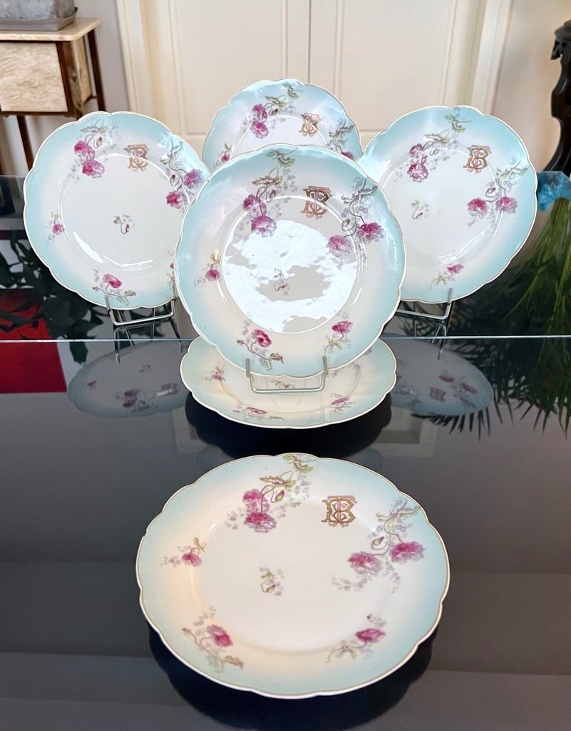 6 Dessert Plates Entremets Initiales Tb - Porcelain Table Service - Late 19th Century-photo-3
