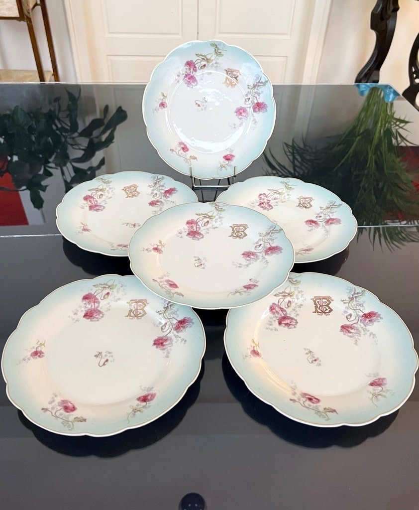 6 Dessert Plates Entremets Initiales Tb - Porcelain Table Service - Late 19th Century-photo-1