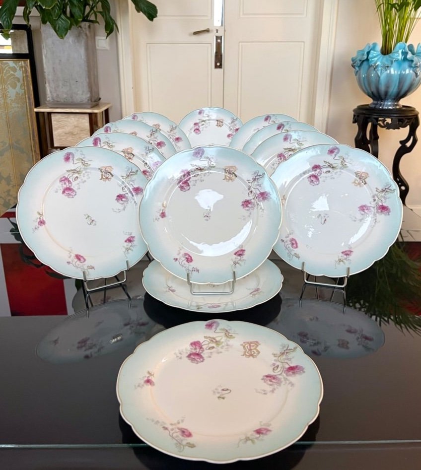 Service Assiettes Plates  En Porcelaine Fine - Décor Romantique Fleurs d'œillets Monogrammes