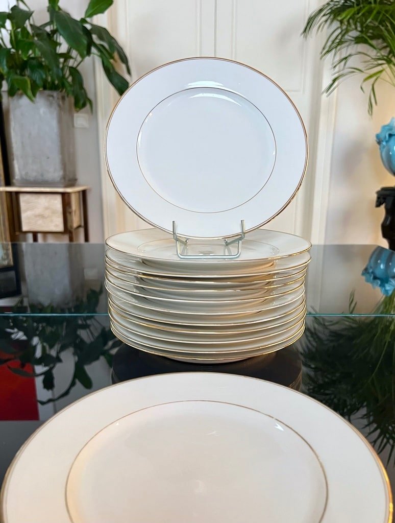 Dessert Plate Set - Bourganeuf Limoges Porcelain - Fine Gold Fillets-photo-4