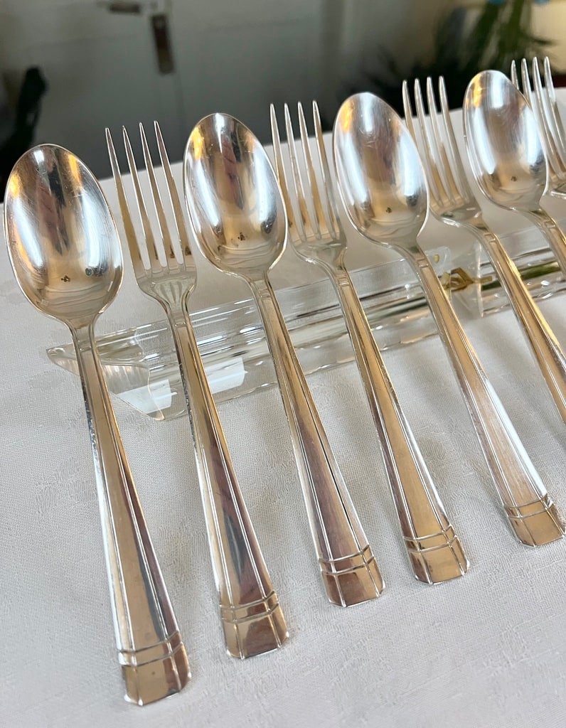 Silver Plated Dessert Forks And Spoons - Art Deco Cutlery Set-photo-2