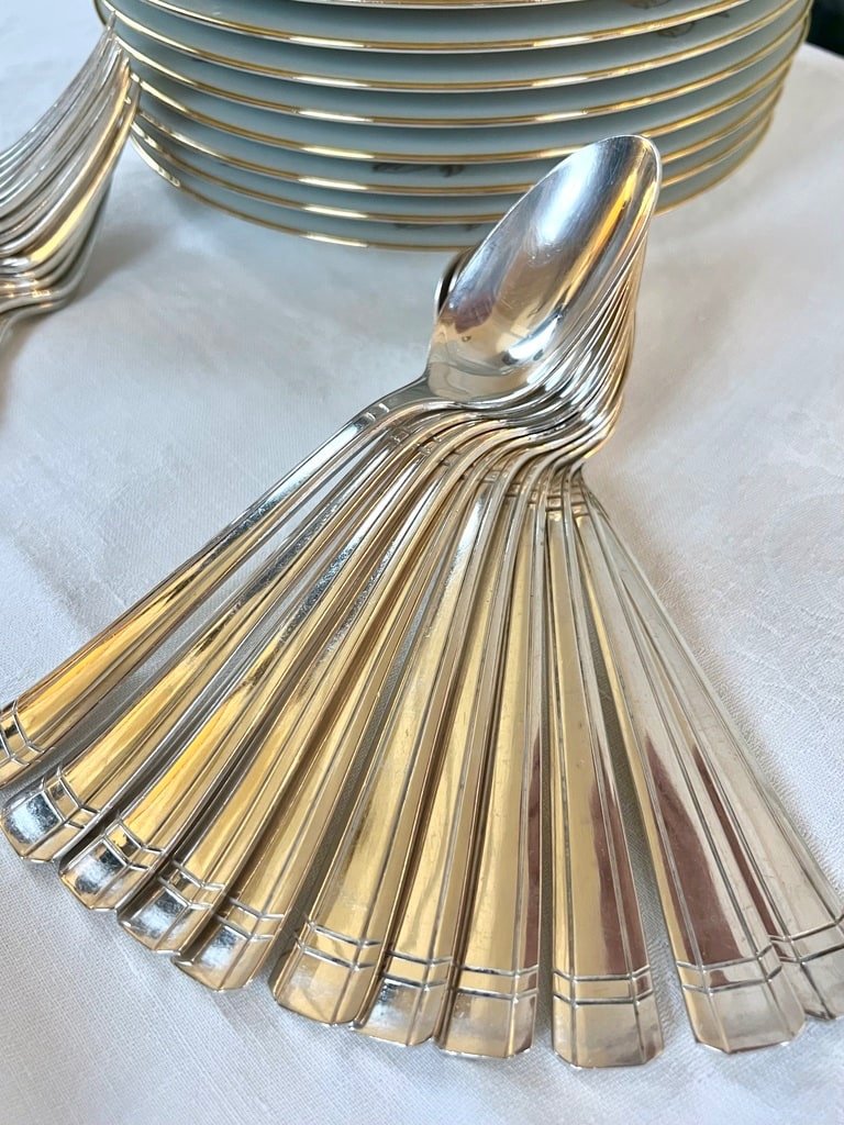 Silver Plated Dessert Forks And Spoons - Art Deco Cutlery Set-photo-3