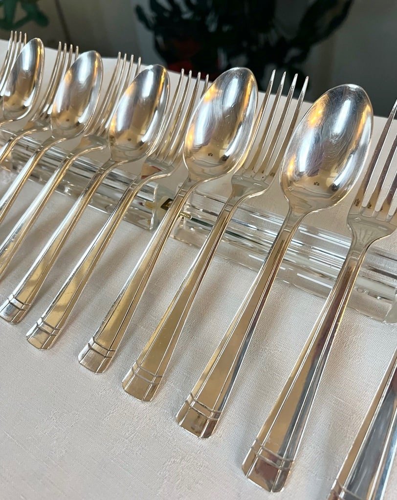 Silver Plated Dessert Forks And Spoons - Art Deco Cutlery Set-photo-1