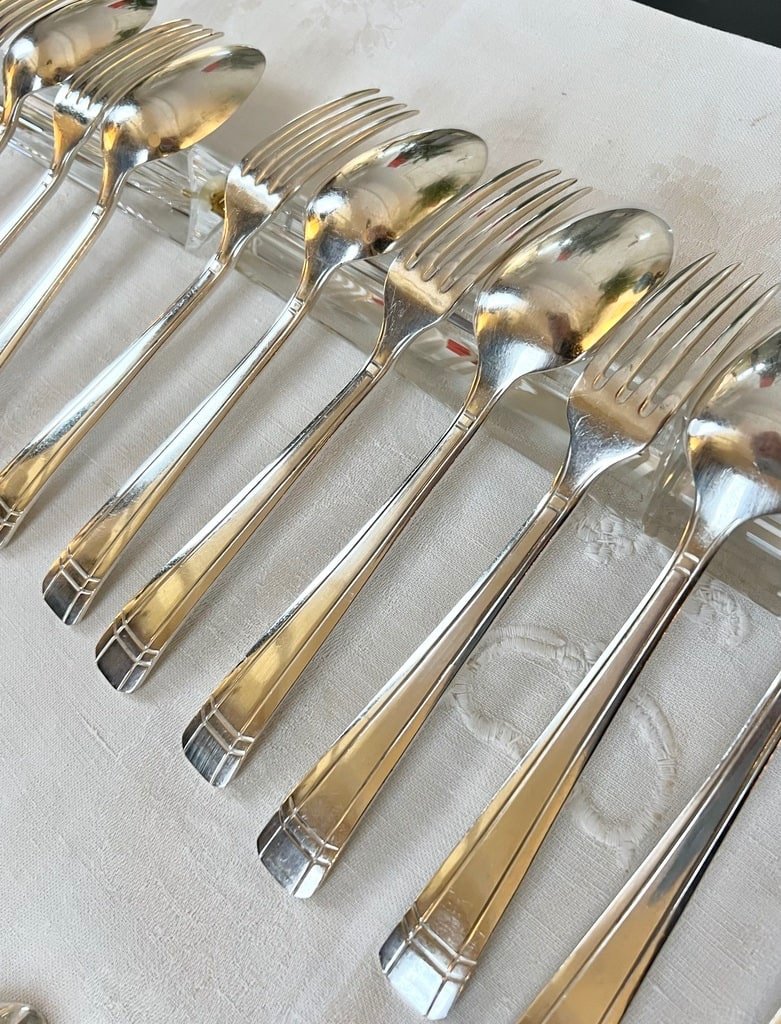 Silver Plated Dessert Forks And Spoons - Art Deco Cutlery Set-photo-2