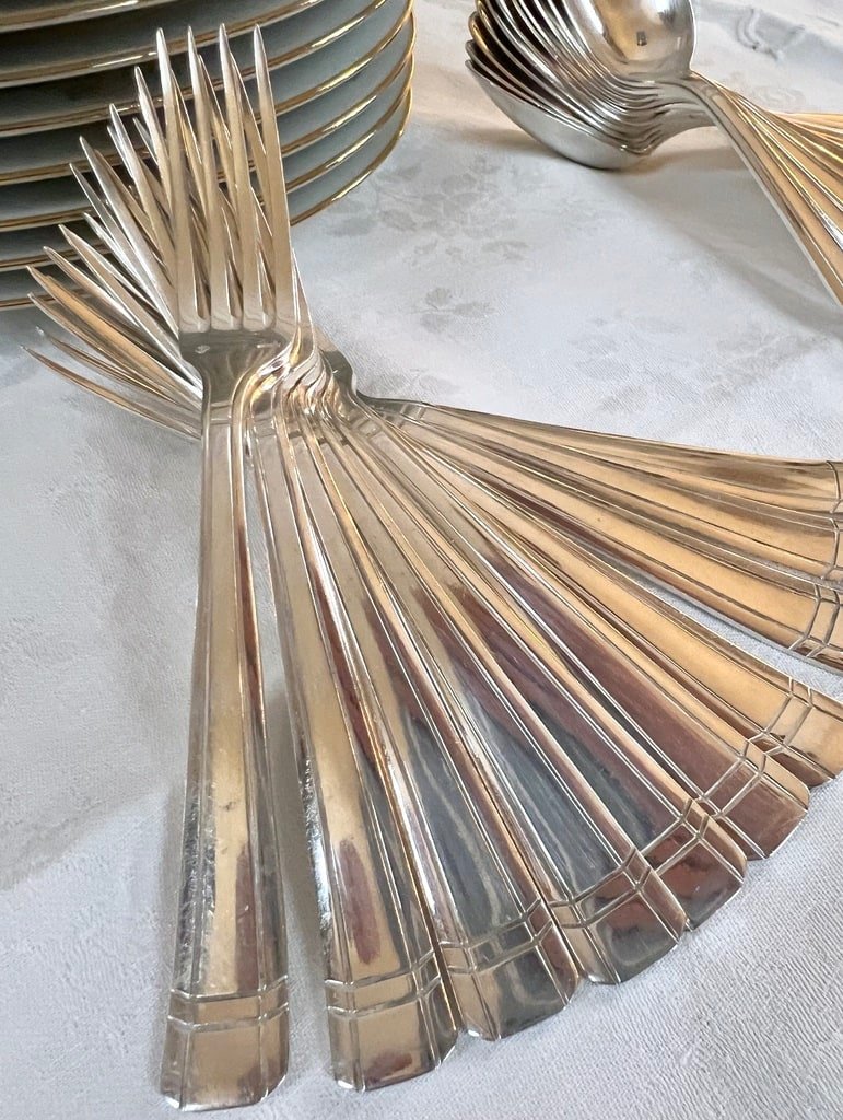 Silver Plated Dessert Forks And Spoons - Art Deco Cutlery Set-photo-4