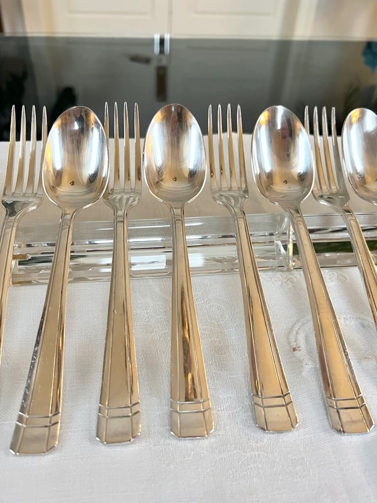 Silver Plated Dessert Forks And Spoons - Art Deco Cutlery Set-photo-7