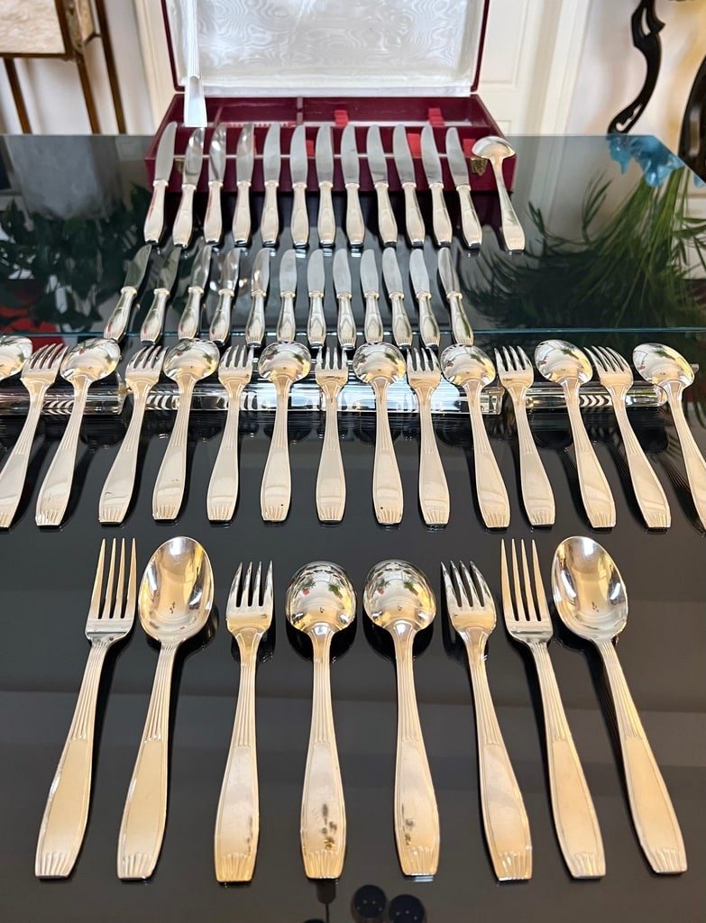 Alfenide Metal Cutlery - Christofle Art Deco Cutlery Set - White Metal-photo-3