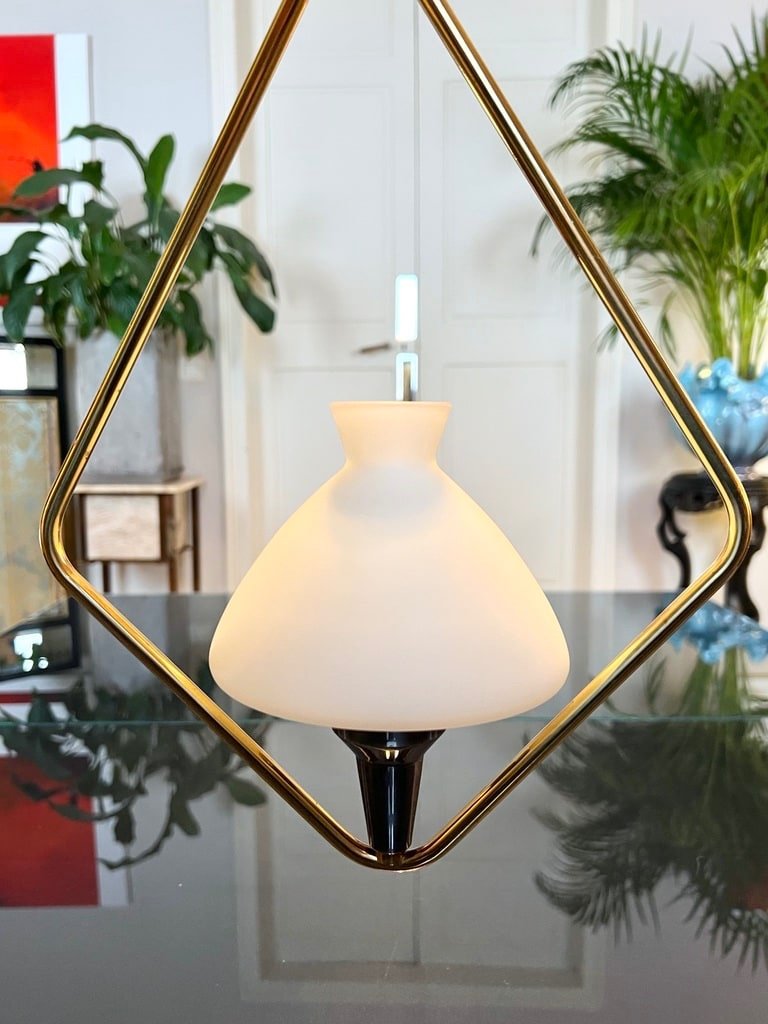 Vintage Metal And Opaline Pendant Light - 20th Century Chandelier Lamp-photo-2