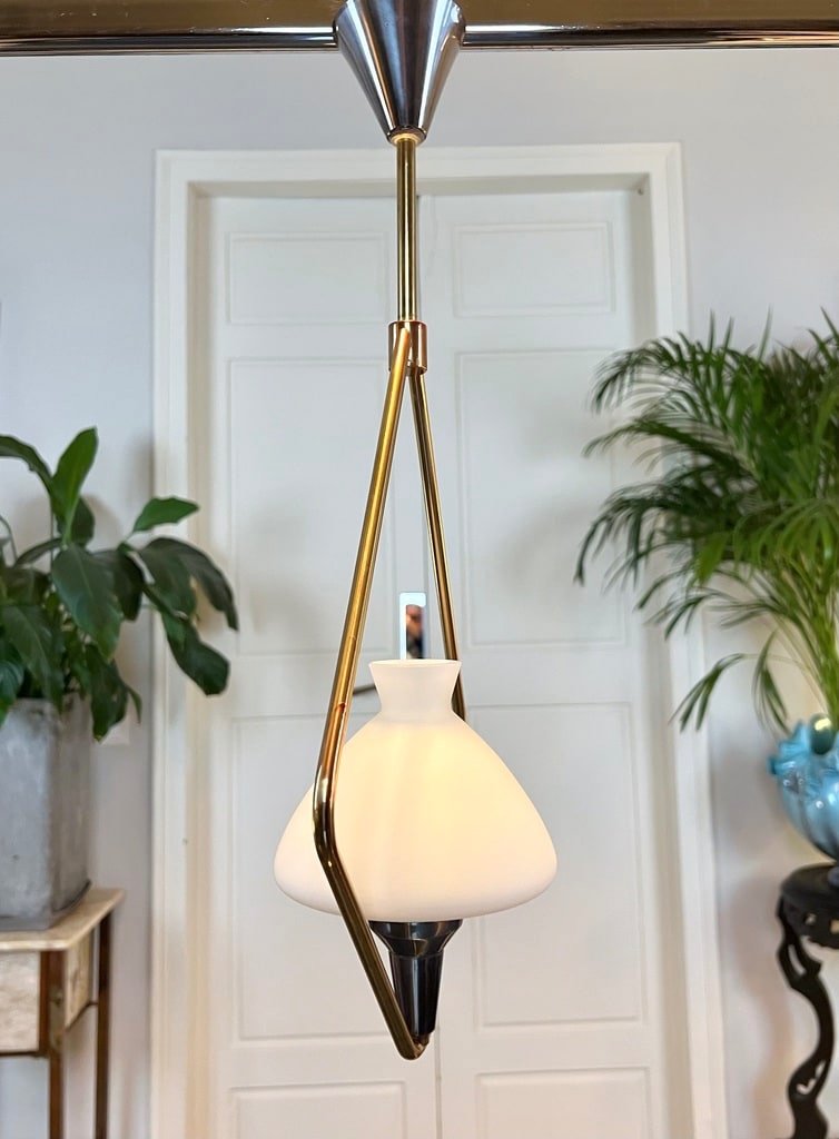 Vintage Metal And Opaline Pendant Light - 20th Century Chandelier Lamp-photo-5