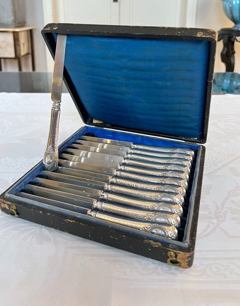 12 Entremet Knives With Silver Handles And Blades Minerva - Monogrammed Cutlery Box-photo-4