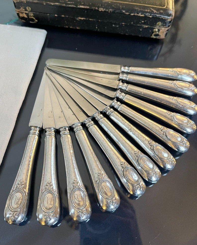 12 Entremet Knives With Silver Handles And Blades Minerva - Monogrammed Cutlery E. Huignard