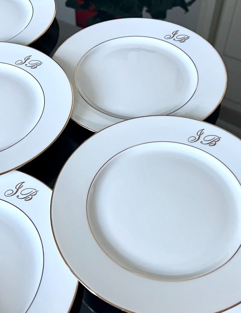 11 Limoges Porcelain Dessert Plates - Gold Fillets Monograms -photo-2