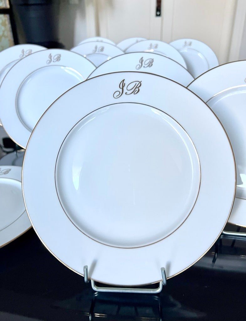 11 Limoges Porcelain Dessert Plates - Gold Fillets Monograms -photo-3