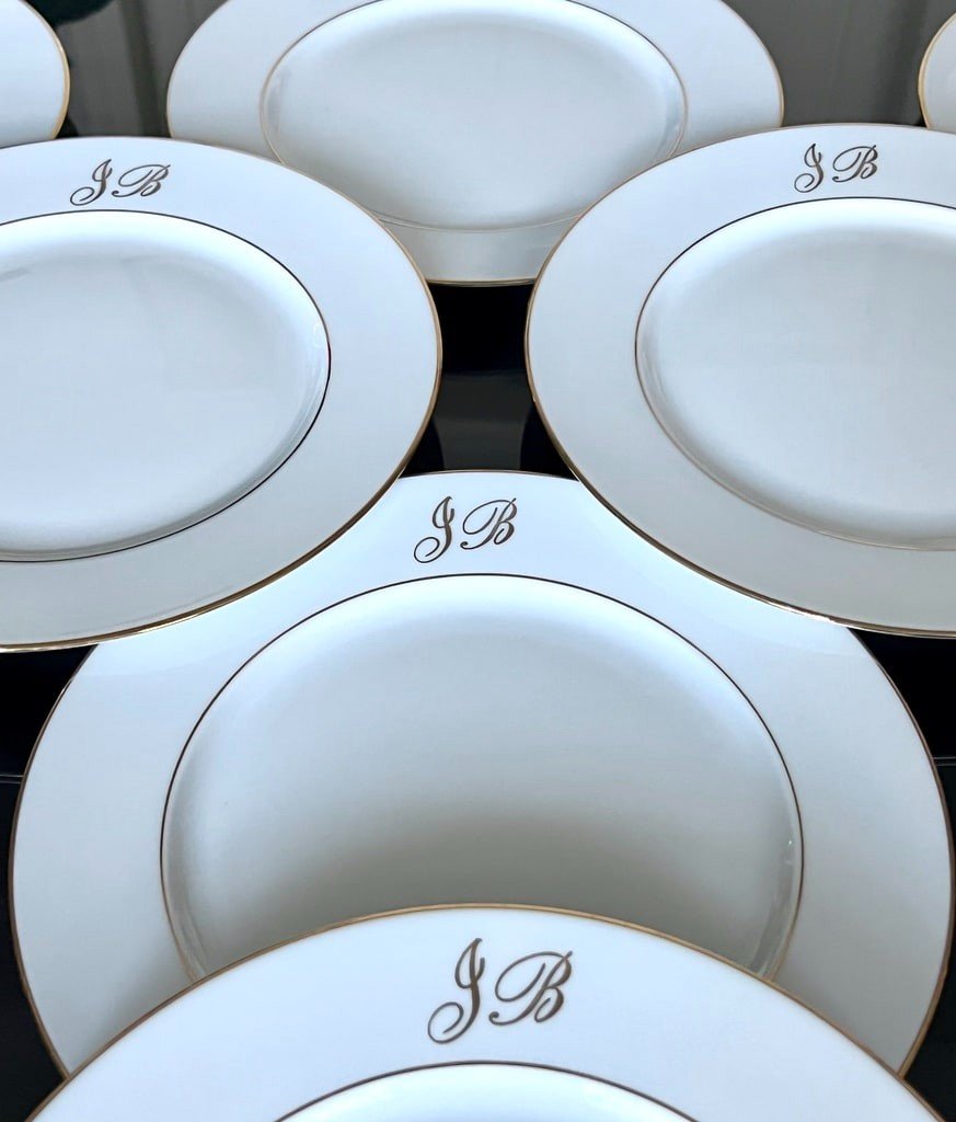 11 Limoges Porcelain Dessert Plates - Gold Fillets Monograms -photo-4