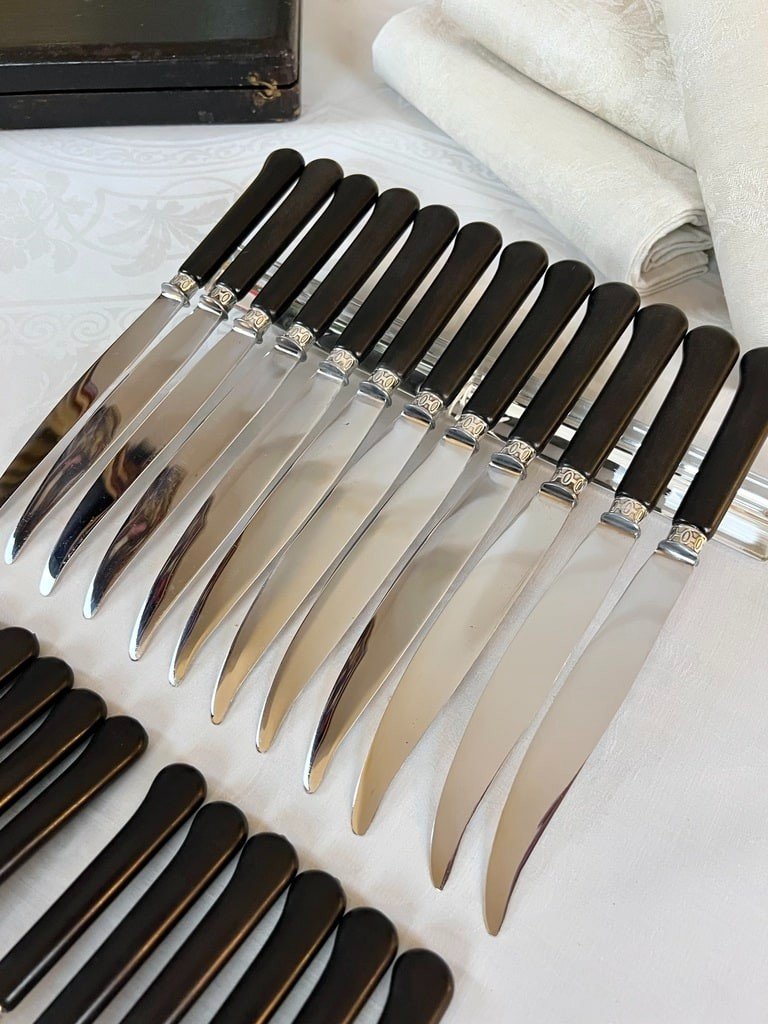 Service Box 12 Table Knives And 12 Desserts - Ebony Silver Metal -photo-1