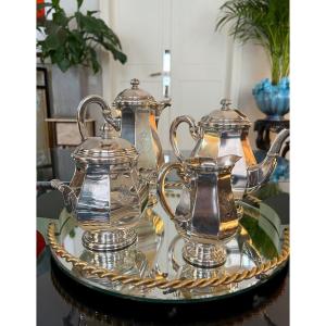Art Deco Silver Metal Tea Coffee Service - Saglier & Frères - Teapot Sugar Bowl Jug Creamer