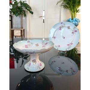 Compotier Et Plat De Service Porcelaine - Décor Romantique Monogrammes Fleurs d'œillets