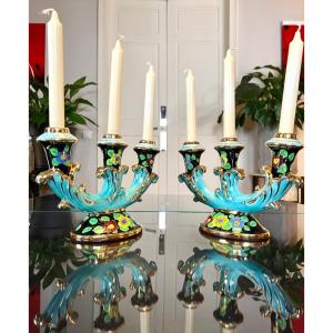 Monaco Earthenware Candlesticks - Vintage 1960 - Turquoise Black And Gold