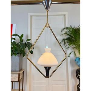 Vintage Metal And Opaline Pendant Light - 20th Century Chandelier Lamp