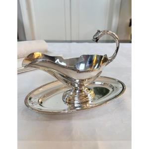 Louis XVI Style Silver Plated Metal Sauce Boat - Roux Marquiand - Late 19th Century