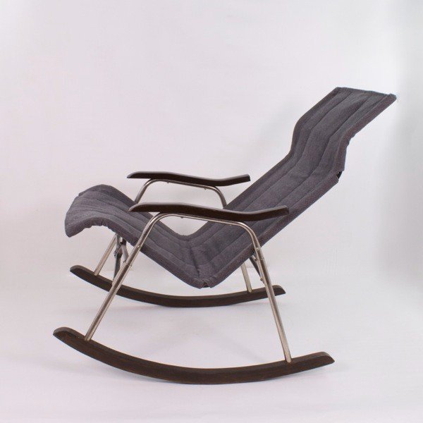 Rocking Chair By Takeshi Nii In Aluminum, Wood, Skai And Gray Fabric, Japan 1950-photo-1
