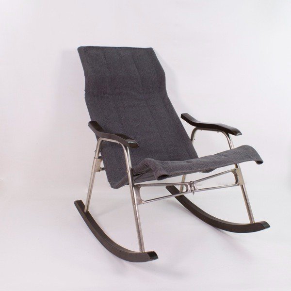 Rocking Chair By Takeshi Nii In Aluminum, Wood, Skai And Gray Fabric, Japan 1950-photo-2