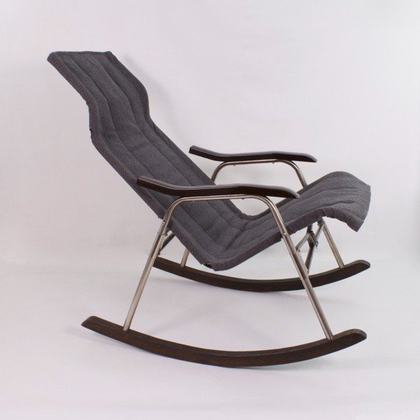 Rocking Chair By Takeshi Nii In Aluminum, Wood, Skai And Gray Fabric, Japan 1950-photo-3
