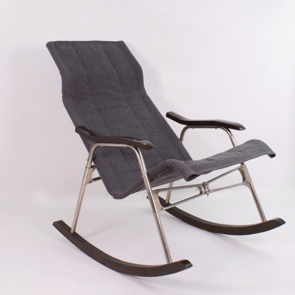 Rocking Chair By Takeshi Nii In Aluminum, Wood, Skai And Gray Fabric, Japan 1950-photo-4