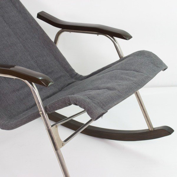 Rocking Chair By Takeshi Nii In Aluminum, Wood, Skai And Gray Fabric, Japan 1950-photo-6