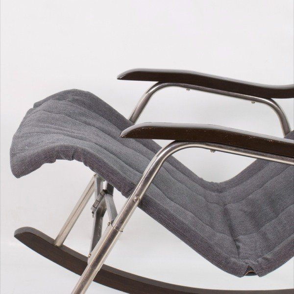 Rocking Chair By Takeshi Nii In Aluminum, Wood, Skai And Gray Fabric, Japan 1950-photo-7