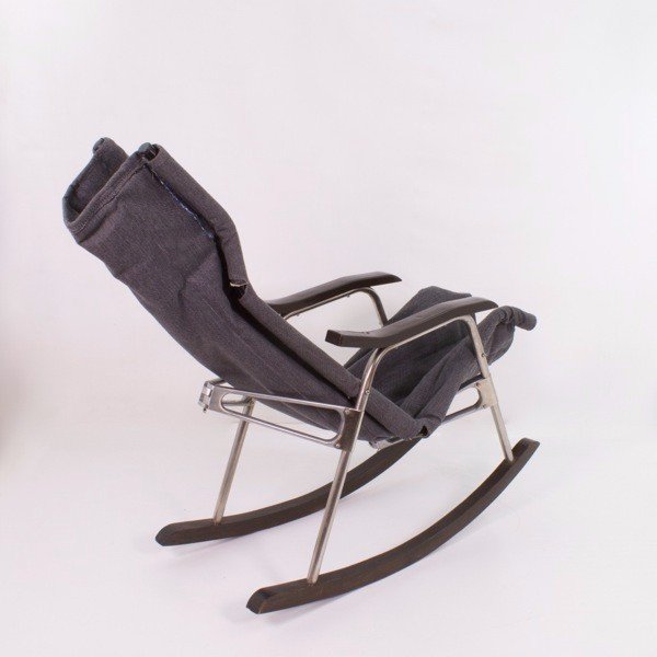 Rocking Chair By Takeshi Nii In Aluminum, Wood, Skai And Gray Fabric, Japan 1950-photo-8