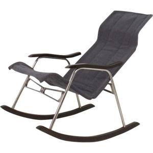 Rocking Chair Par Takeshi Nii En Aluminium, Bois, Skaï Et Tissu Gris, Japon 1950