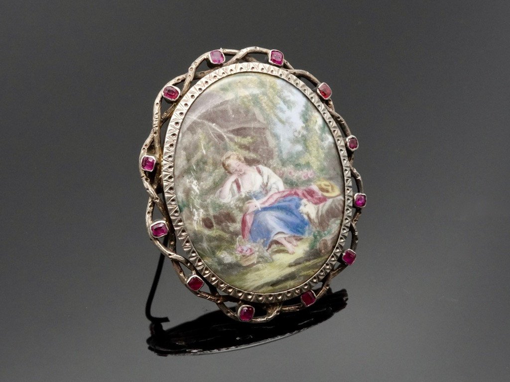 Large 19th Century Brooch, Miniature In Enamel On Porcelain, Vermeil Setting, Decorated With Ruby-photo-4