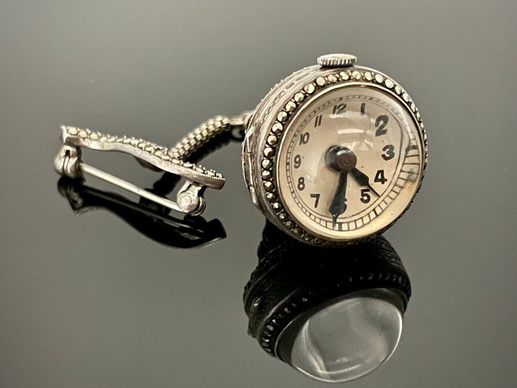 Proantic Broche Montre Boule Pendante Marcassites Et Argent