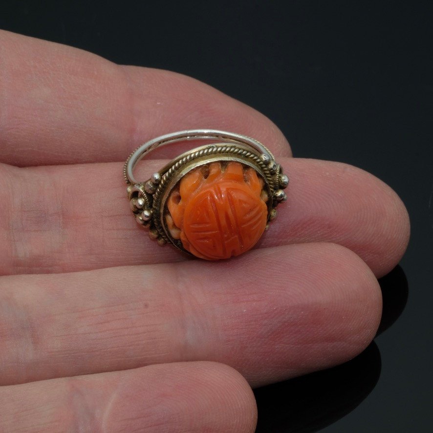 Old Arts And Crafts Ring Early 20th Century Coral Ball On Vermeil-photo-3