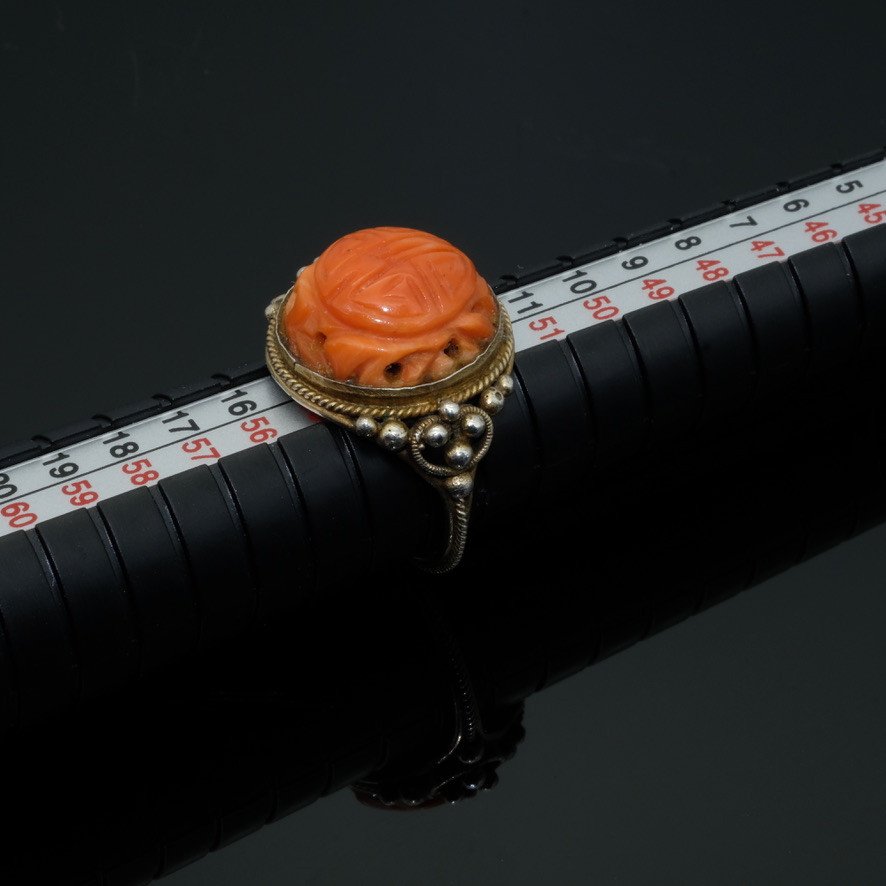 Old Arts And Crafts Ring Early 20th Century Coral Ball On Vermeil-photo-5