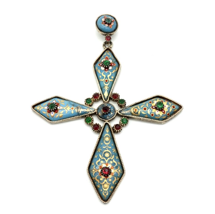 Grande Croix Pendentif Du 19ème Siècle  En Vermeil Et Emaux Bressans Couleur Turquoise